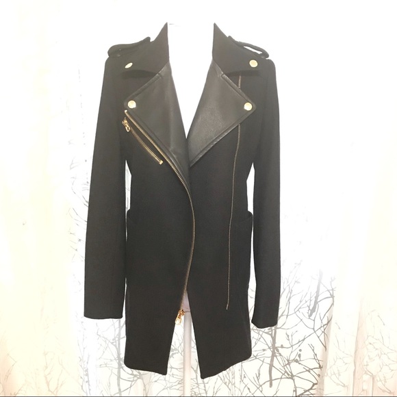 Juicy Couture black wool leather gold hardware zipper zip up long peacoat jacket - Picture 3 of 8